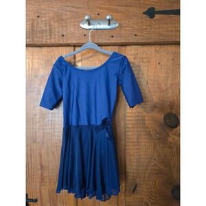 LEVERET Girl Navy Blue Ballet Dance Leotard Dress Mesh Skirt Cross Back Size S